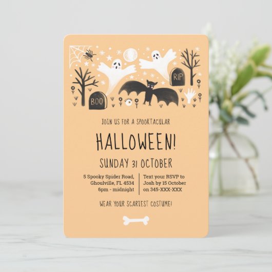 Halloween Cute Ghosts Oranje Black Illustratie Kaart (Staand voorkant)