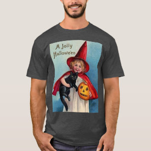 Halloween Cute Girl Black Cat Jack O'Lantern Vinta T-shirt