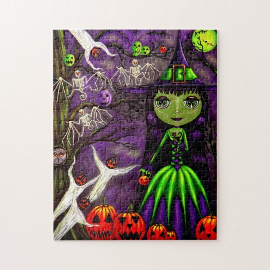 Halloween Cute Green Witch Big Eyes Legpuzzel (Verticaal)