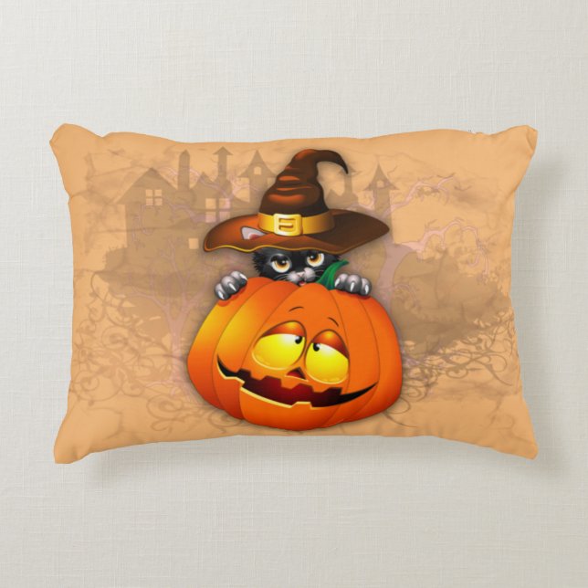 Halloween Cute Kat Witch en Pumpkin Friend Accent Kussen (Voorkant)