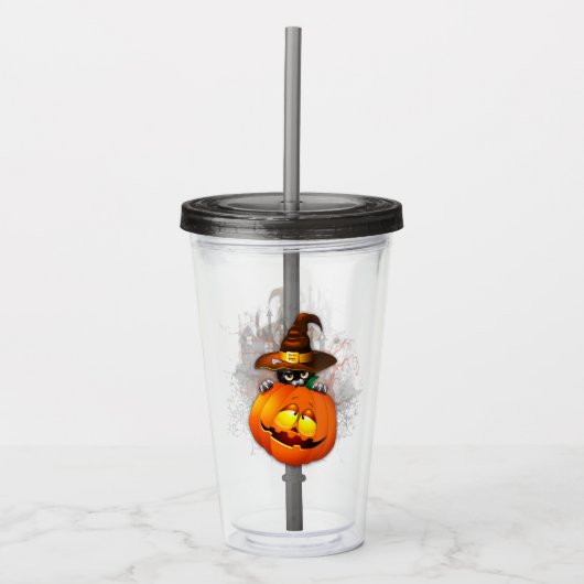 Halloween Cute Kat Witch en Pumpkin Friend Acryl Drinkbeker (Voorkant)