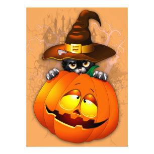 Halloween Cute Kat Witch en Pumpkin Friend Foto Afdruk