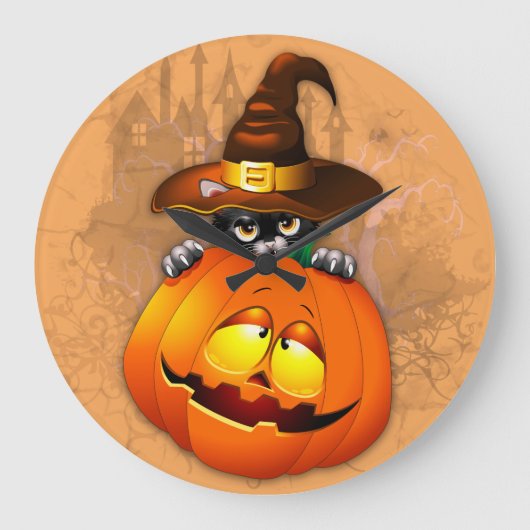 Halloween Cute Kat Witch en Pumpkin Friend Grote Klok (Voorkant)