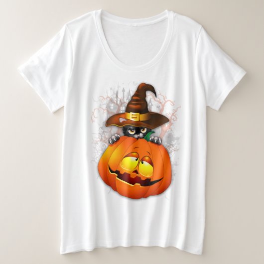 Halloween Cute Kat Witch en Pumpkin Friend Grote Maat T-shirt (Design voorkant)