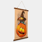 Halloween Cute Kat Witch en Pumpkin Friend Hangend Wandkleed (Gebogen)