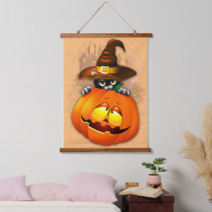 Halloween Cute Kat Witch en Pumpkin Friend Hangend Wandkleed