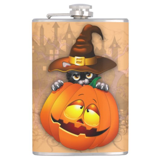 Halloween Cute Kat Witch en Pumpkin Friend Heupfles (Voorkant)