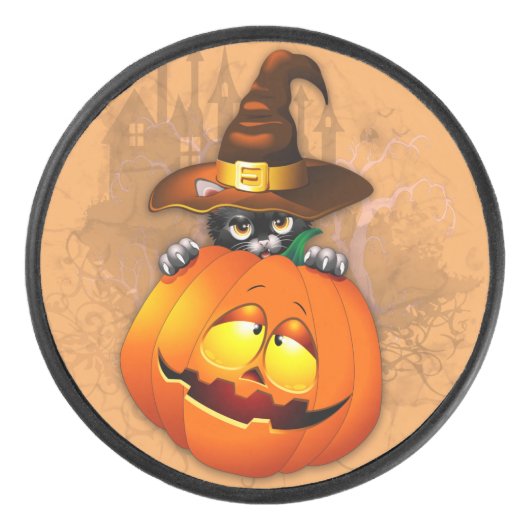 Halloween Cute Kat Witch en Pumpkin Friend Hockey Puck (Voorkant)