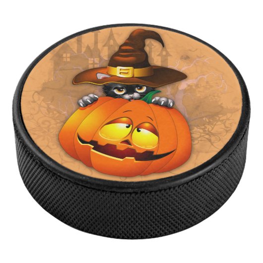Halloween Cute Kat Witch en Pumpkin Friend Hockey Puck (3/4)