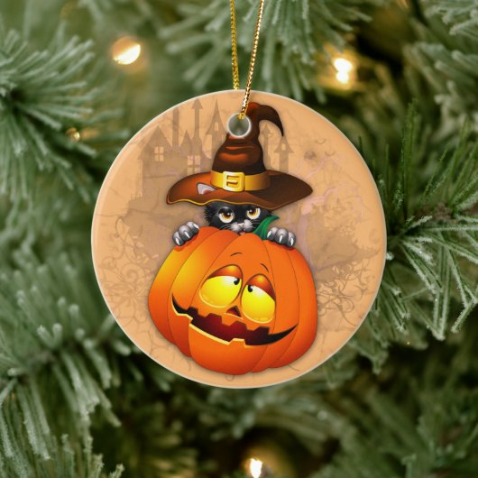 Halloween Cute Kat Witch en Pumpkin Friend Keramisch Ornament (Boom)