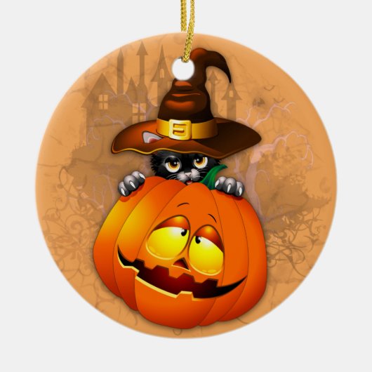 Halloween Cute Kat Witch en Pumpkin Friend Keramisch Ornament (Voorkant)