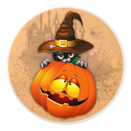 Halloween Cute Kat Witch en Pumpkin Friend Keramische Knop (Voorkant)