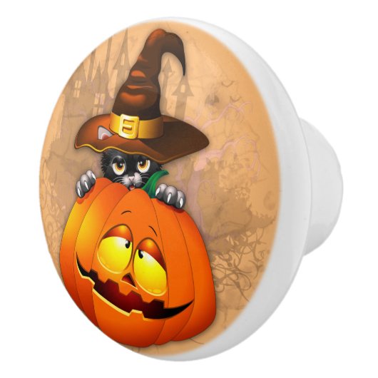 Halloween Cute Kat Witch en Pumpkin Friend Keramische Knop (Rechts)