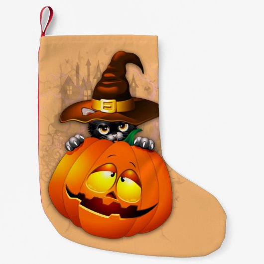 Halloween Cute Kat Witch en Pumpkin Friend Kleine Kerstsok (Voorkant)