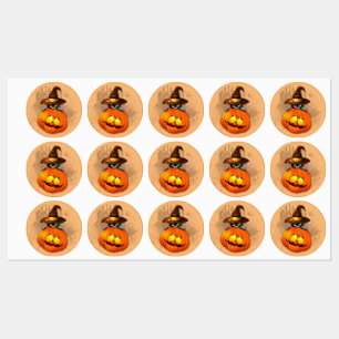 Halloween Cute Kat Witch en Pumpkin Friend Labels