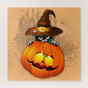 Halloween Cute Kat Witch en Pumpkin Friend Legpuzzel
