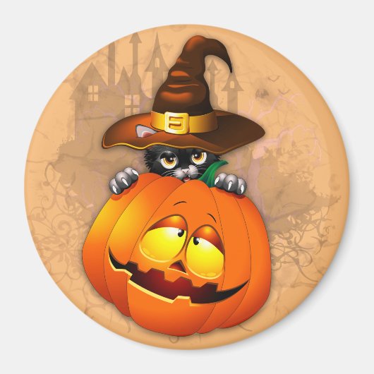 Halloween Cute Kat Witch en Pumpkin Friend Magneet (Voorkant)