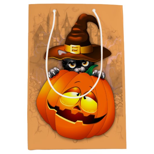 Halloween Cute Kat Witch en Pumpkin Friend Medium Cadeauzakje (Voorkant)