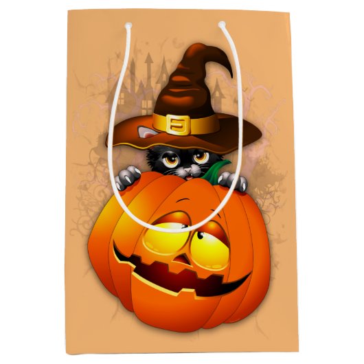 Halloween Cute Kat Witch en Pumpkin Friend Medium Cadeauzakje (Voorkant)