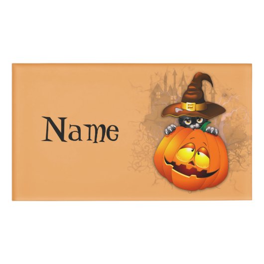 Halloween Cute Kat Witch en Pumpkin Friend Naambadge (Voorkant)