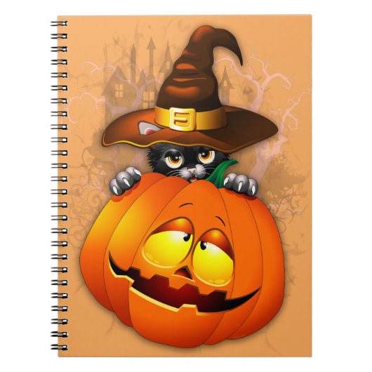 Halloween Cute Kat Witch en Pumpkin Friend Notitieboek (Voorkant)