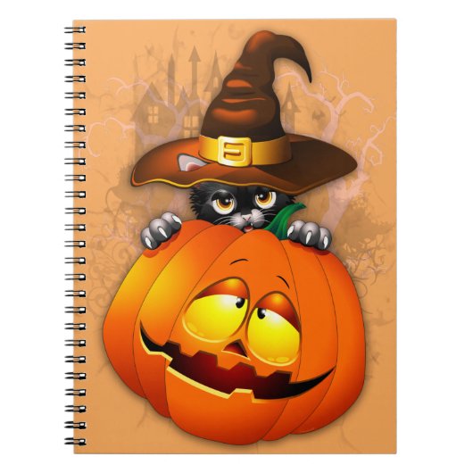 Halloween Cute Kat Witch en Pumpkin Friend Notitieboek (Voorkant)