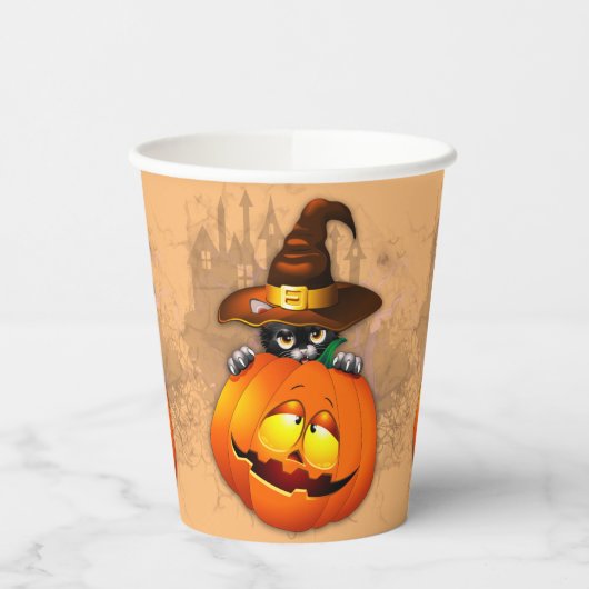 Halloween Cute Kat Witch en Pumpkin Friend Papieren Bekers (Links)