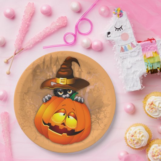 Halloween Cute Kat Witch en Pumpkin Friend Papieren Bordje (Feest)