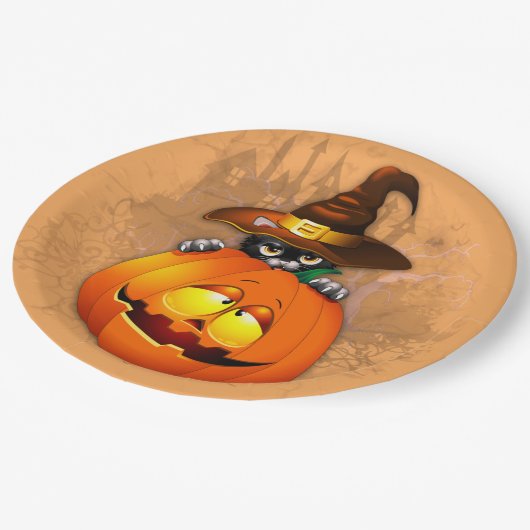 Halloween Cute Kat Witch en Pumpkin Friend Papieren Bordje (Gekanteld)
