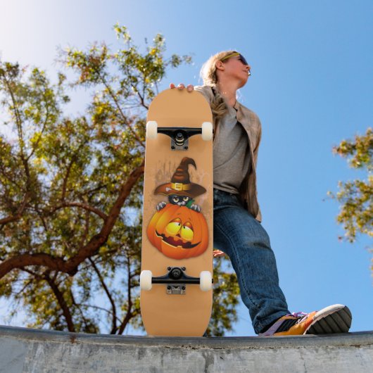 Halloween Cute Kat Witch en Pumpkin Friend Persoonlijk Skateboard (Buiten 1)