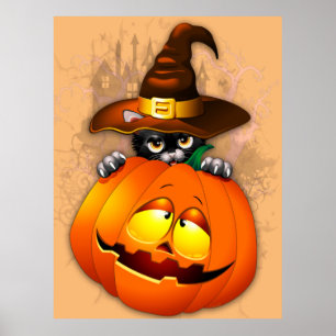 Halloween Cute Kat Witch en Pumpkin Friend Poster