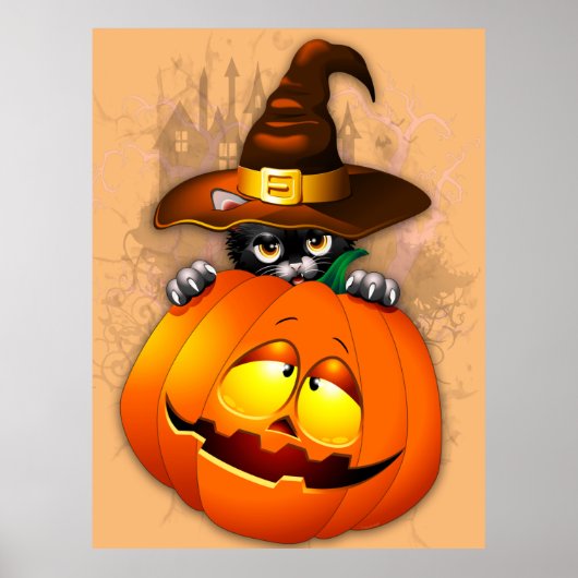 Halloween Cute Kat Witch en Pumpkin Friend Poster (Voorkant)