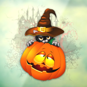 Halloween Cute Kat Witch en Pumpkin Friend Raamsticker