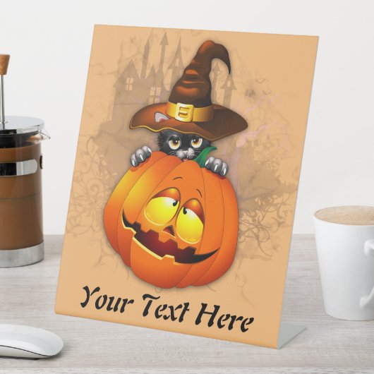 Halloween Cute Kat Witch en Pumpkin Friend Reclamebord Met Voetstuk (Insitu)