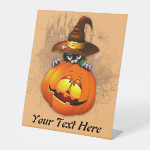 Halloween Cute Kat Witch en Pumpkin Friend Reclamebord Met Voetstuk