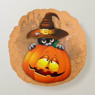 Halloween Cute Kat Witch en Pumpkin Friend Rond Kussen