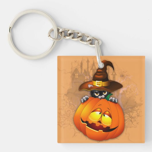 Halloween Cute Kat Witch en Pumpkin Friend Sleutelhanger (voorkant)