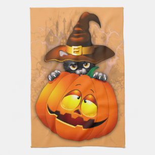 Halloween Cute Kat Witch en Pumpkin Friend Theedoek