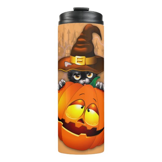 Halloween Cute Kat Witch en Pumpkin Friend Thermosbeker (Voorkant)