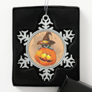 Halloween Cute Kat Witch en Pumpkin Friend Tin Sneeuwvlok Ornament