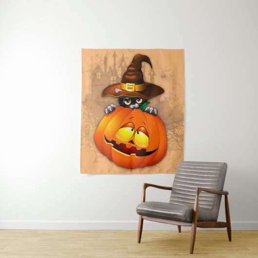 Halloween Cute Kat Witch en Pumpkin Friend Wandkleed (In situ)