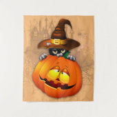 Halloween Cute Kat Witch en Pumpkin Friend Wandkleed (Voorkant)