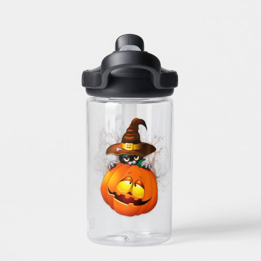 Halloween Cute Kat Witch en Pumpkin Friend Waterfles (Achterkant)