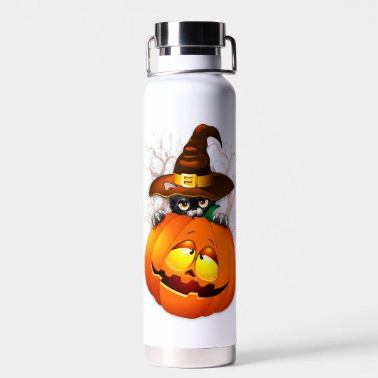 Halloween Cute Kat Witch en Pumpkin Friend Waterfles (Achterkant)
