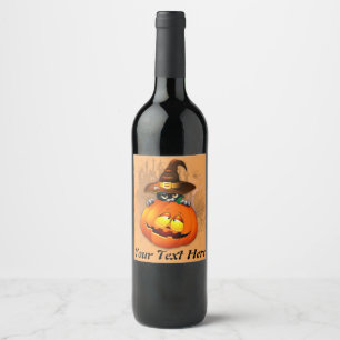 Halloween Cute Kat Witch en Pumpkin Friend Wijn Etiket