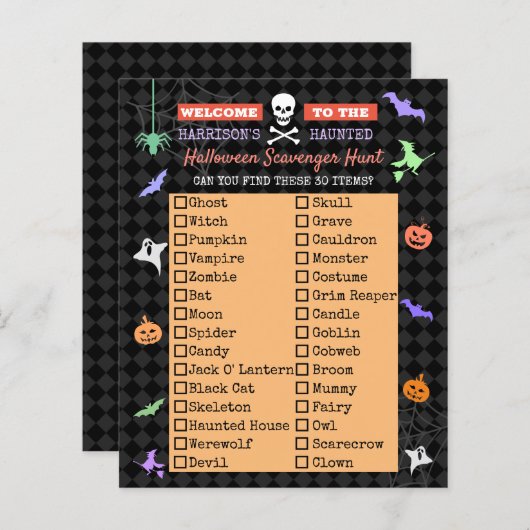 Halloween Cute Kinder Scavenger Hunt List (Voorkant / Achterkant)