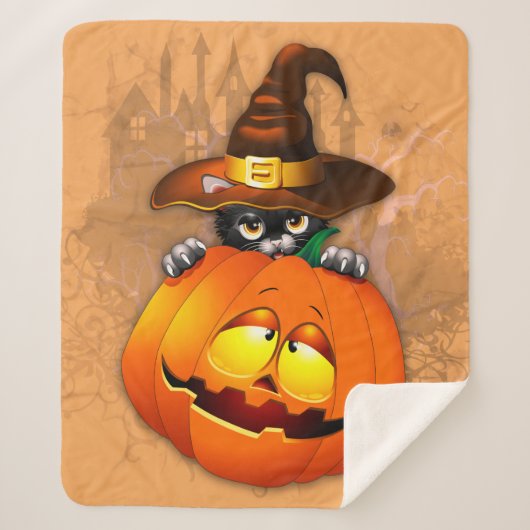 Halloween Cute Kitty Witch and Pumpkin Friend   Sherpa Deken (Voorkant)