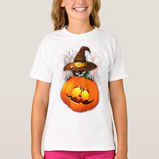 Halloween Cute Kitty Witch and Pumpkin Friend T-shirt (Voorkant)