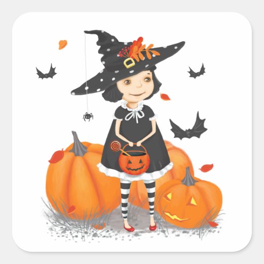 Halloween Cute Little Witch Vierkante Sticker (Voorkant)
