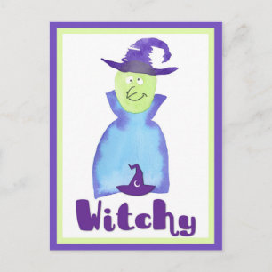 Halloween Cute Paarse Waterverf Witch Briefkaart